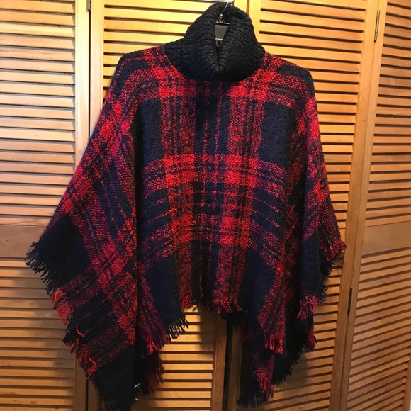 Navy Blue and Red Plaid Turtleneck Poncho - Picture 1 of 12
